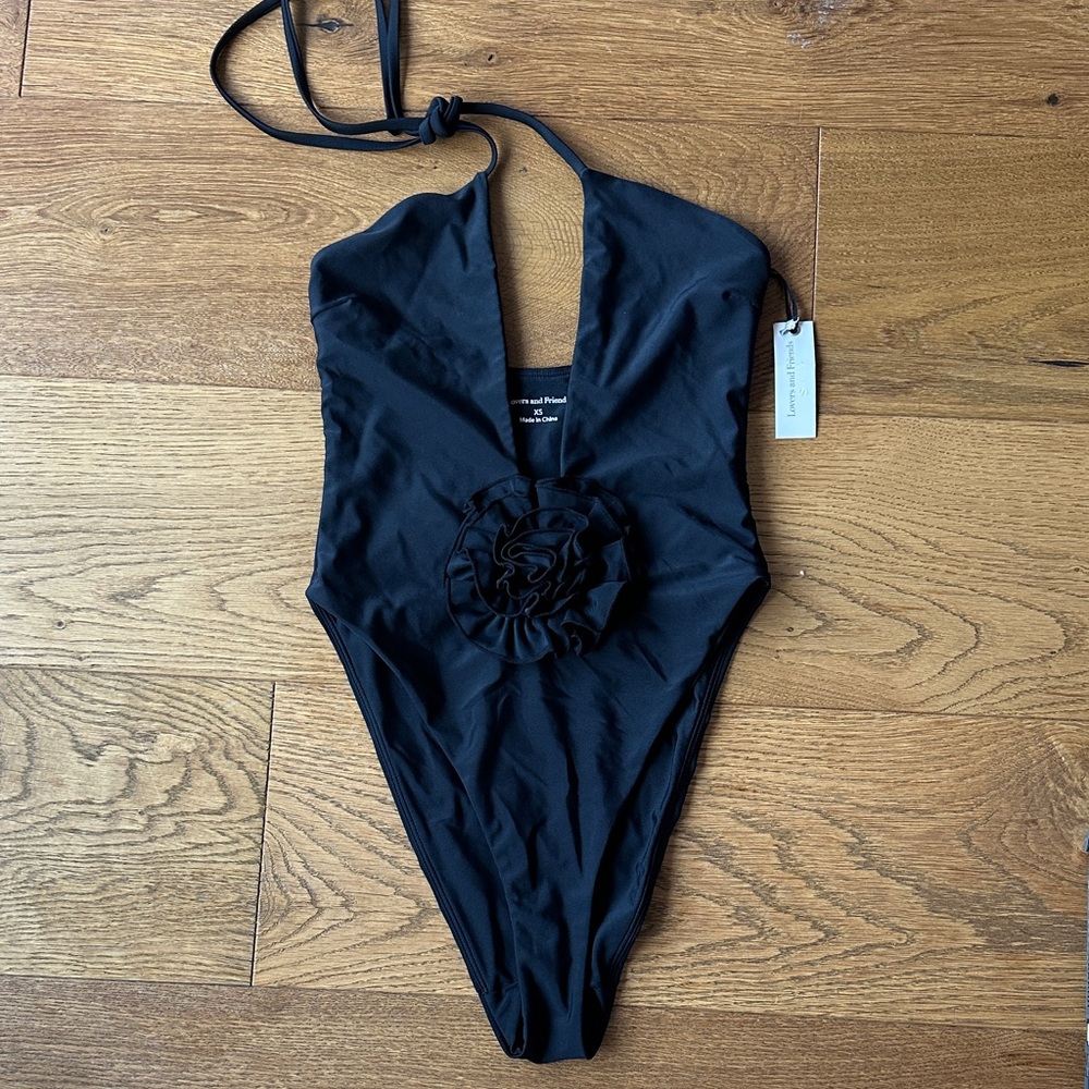 Lovers + Friends Black Halter One-Piece Swimsuit with Front Rosette